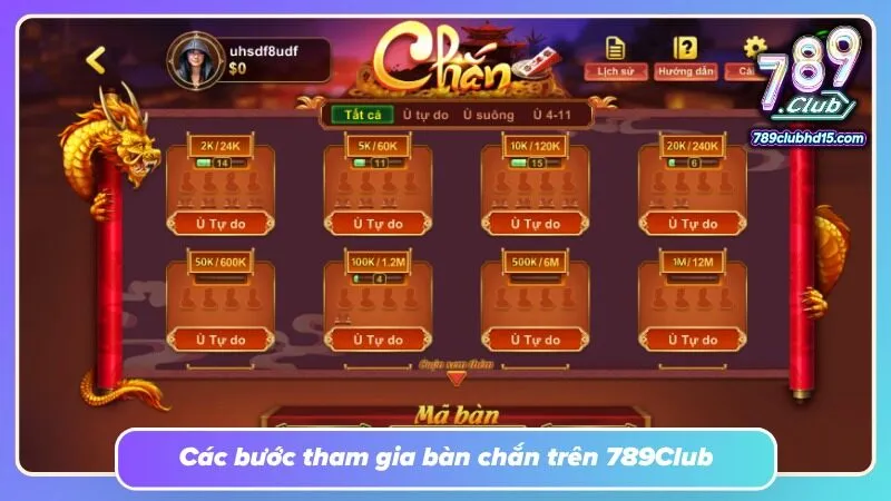 Danh sách bàn hiển thị mức cược để người chơi lựa chọn phù hợp