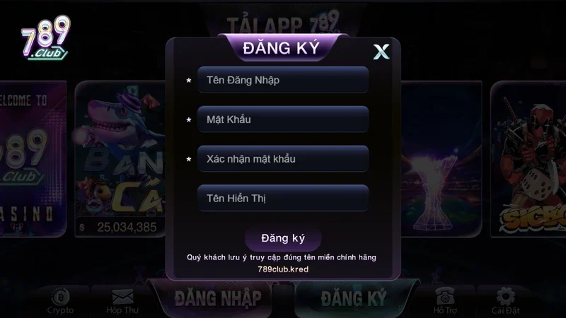 Form đăng ký 789Club gồm tên đăng nhập, mật khẩu, xác nhận mật khẩu và tên hiển thị