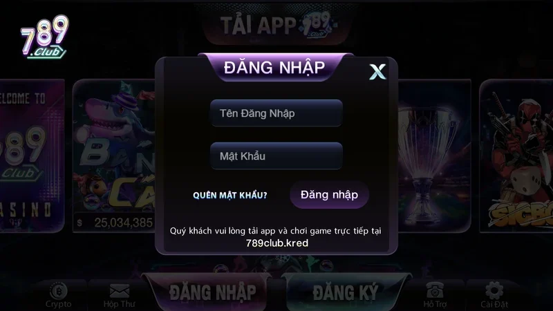 Form đăng nhập 789Club với ô tên đăng nhập, mật khẩu và nút Quên mật khẩu